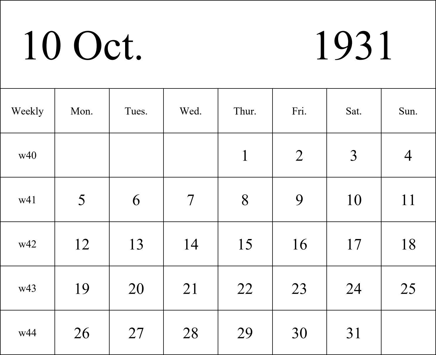 日历表1931年日历 英文版 纵向排版 周一开始 带周数